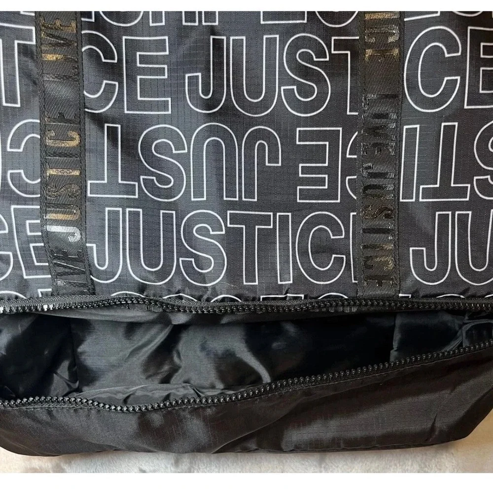 New Justice Tote Bag Black‎ White Logo Print Bottom Zip Compartment Travel Dance